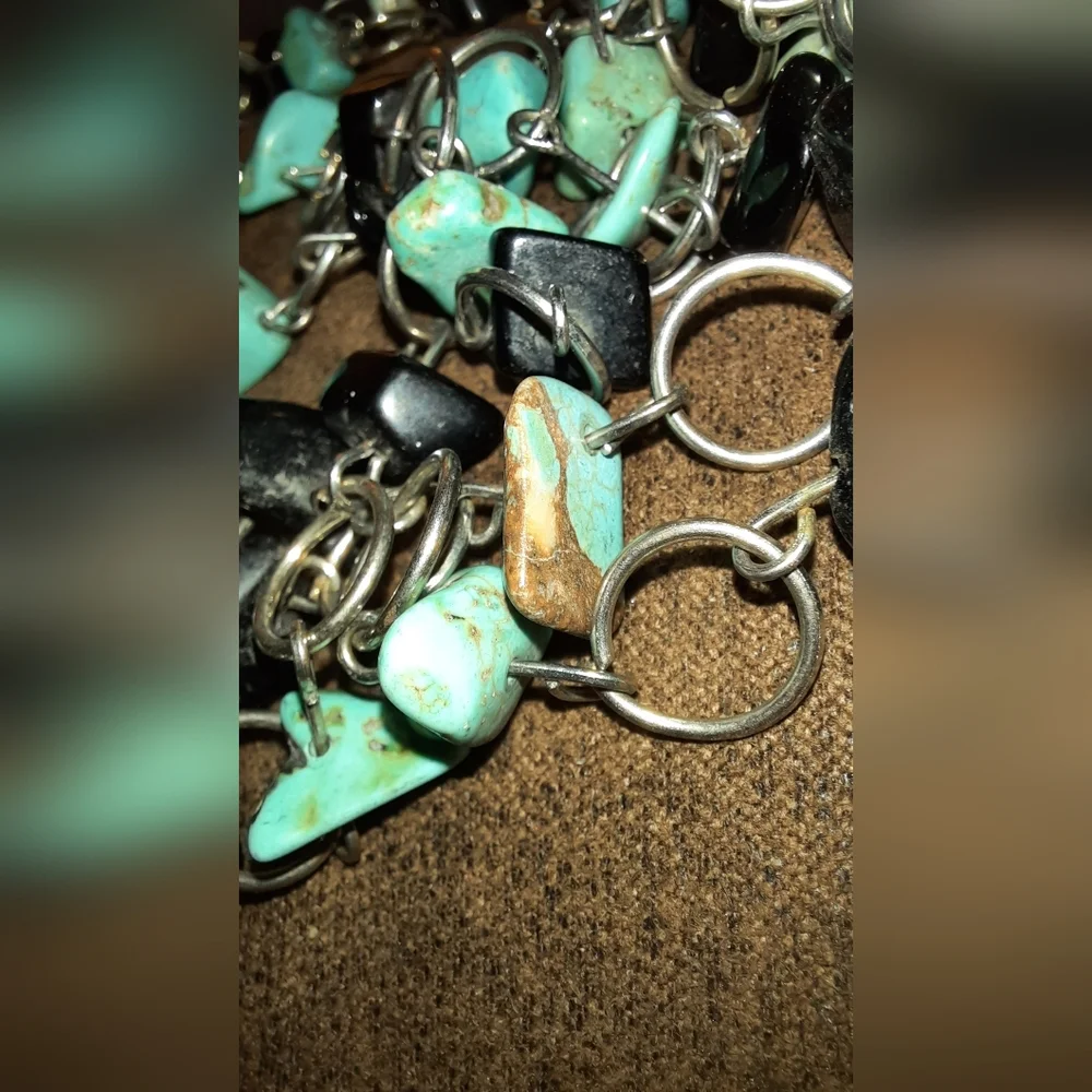 Turquoise and black genuine nugget multistrand necklace silvertone